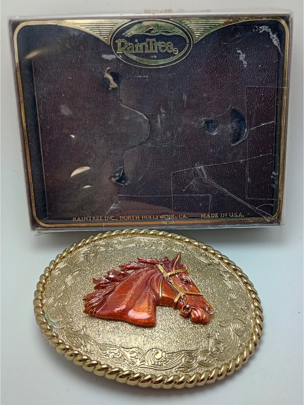RainTree BRASS Belt Buckle 4801 HORSERD Horse Head 1978 with Box